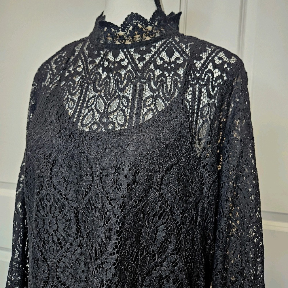 Romantic Black Lace Longsleeve Top Large Black Flared Sleeve High Neck Gothic